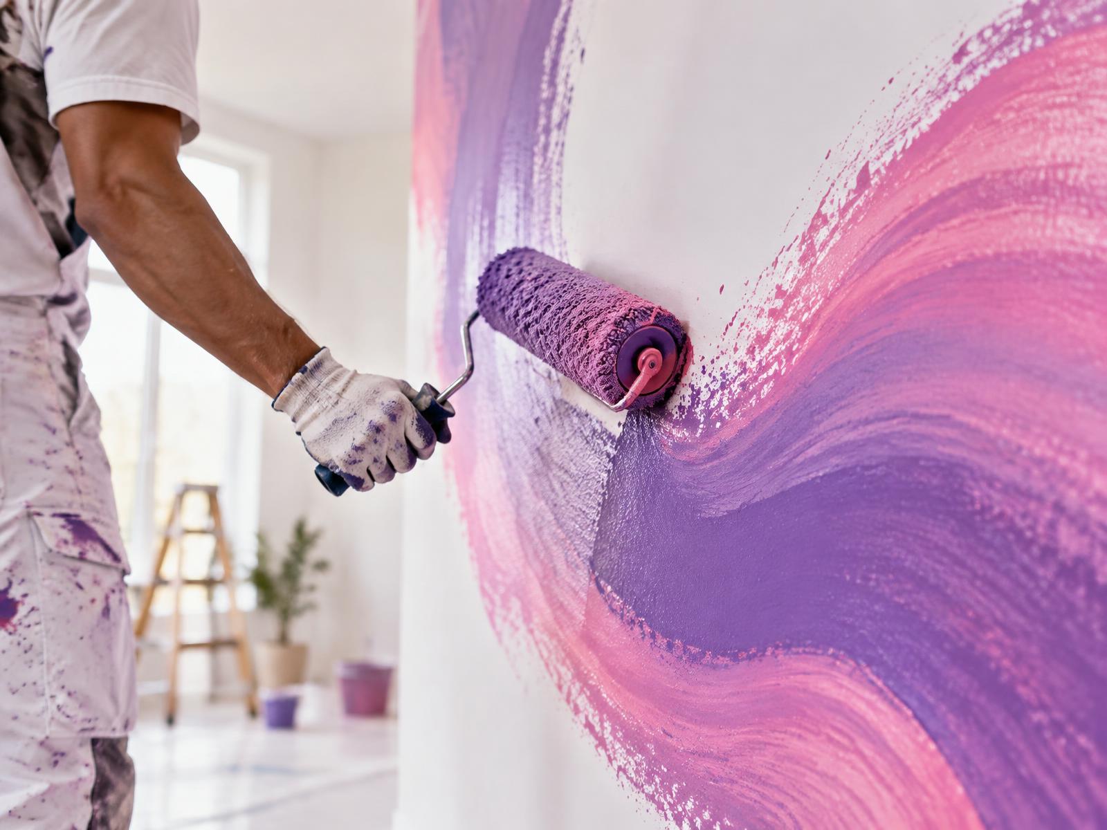 Peintre appliquant un rouleau de peinture violette et rose sur un mur à Grenoble